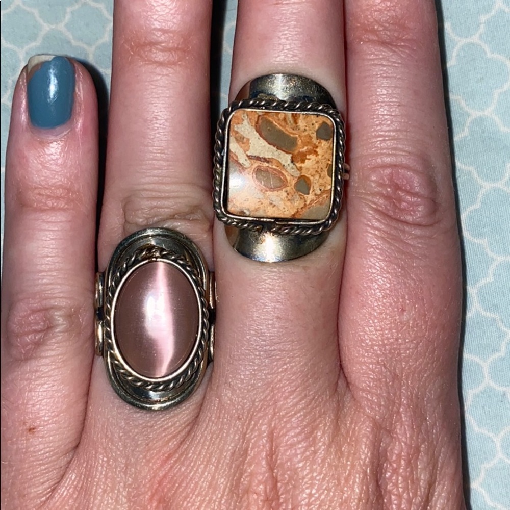 2 Adjustable Silver & Pink Stone Rings